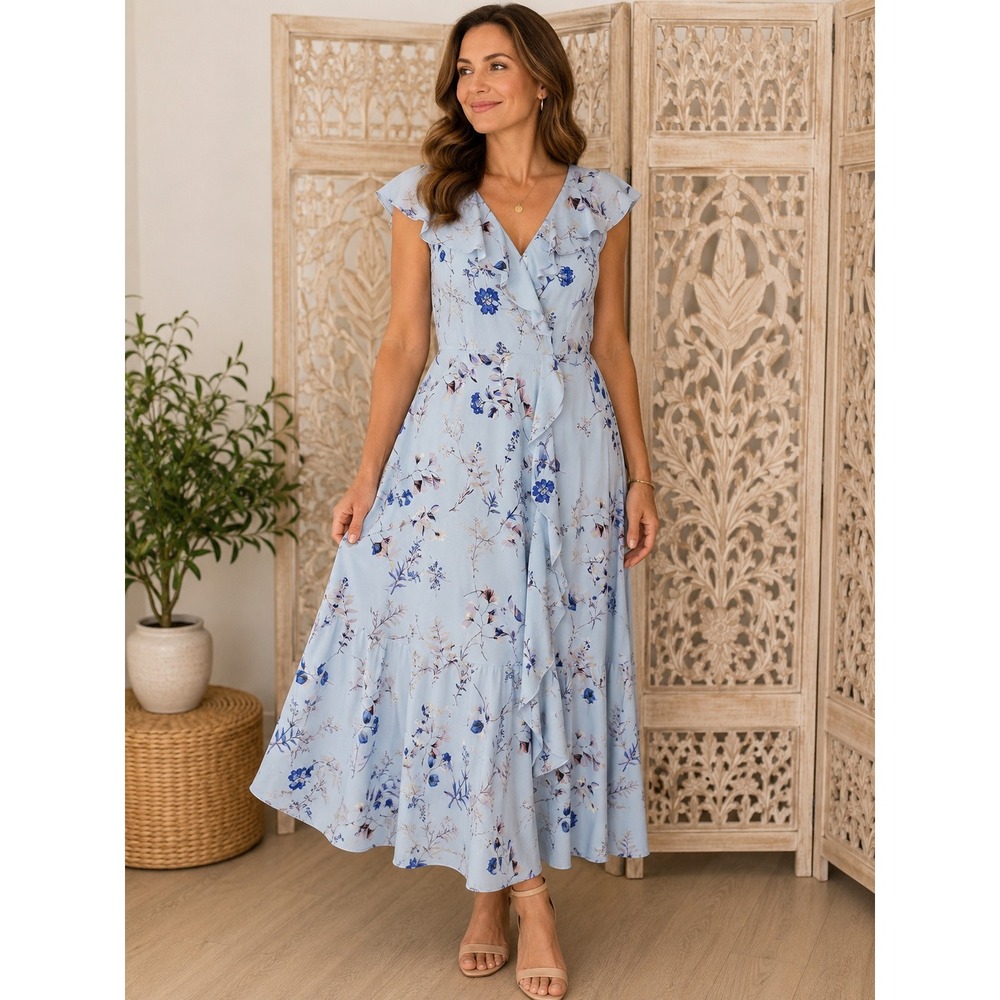 Banana Republic Soft Blue Floral Faux Wrap Maxi Dress Flutter Sleeve 426748-01 6